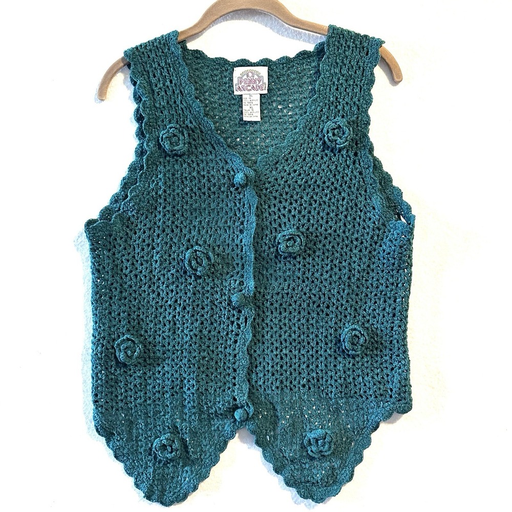 Vintage 90s Crochet‎ Knit Vest XL Lace 3D Flowers Fabric Buttons Penny Arcade